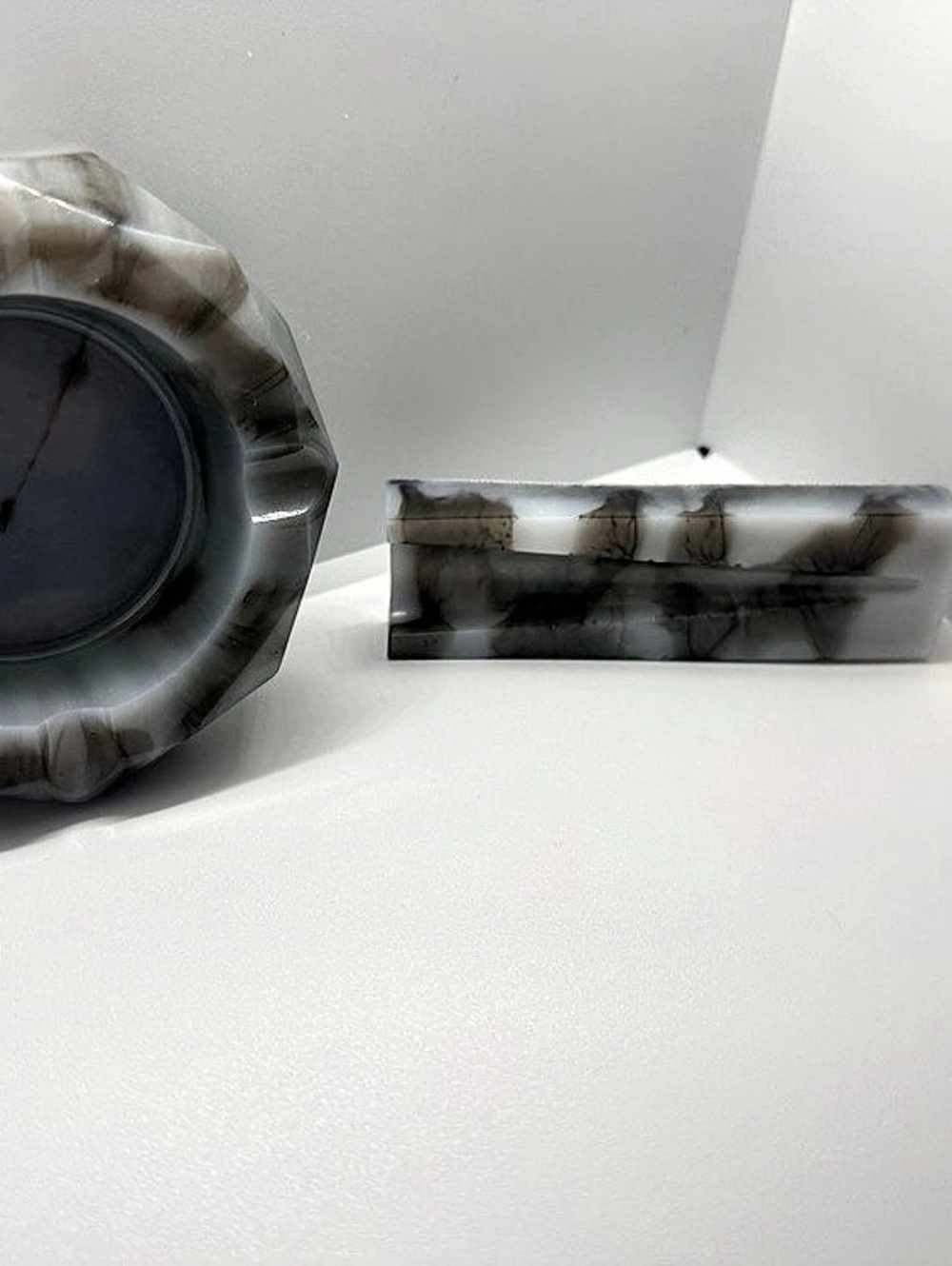 Marbled Ashtray Set in Gray & White